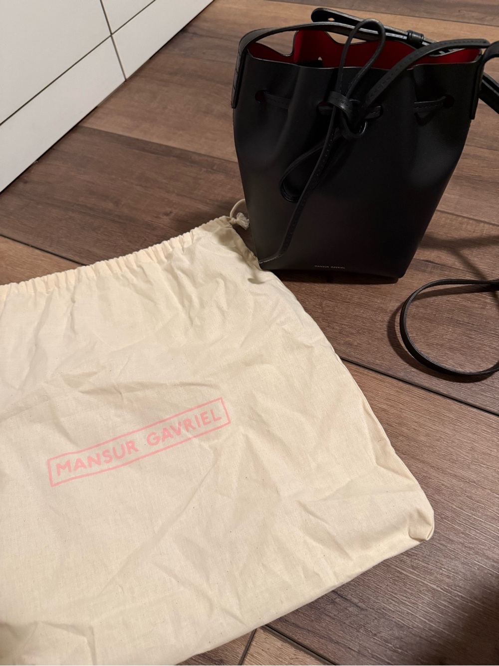 Mansur Gavriel Black Leather Mini Bucket Bag with Red Interior